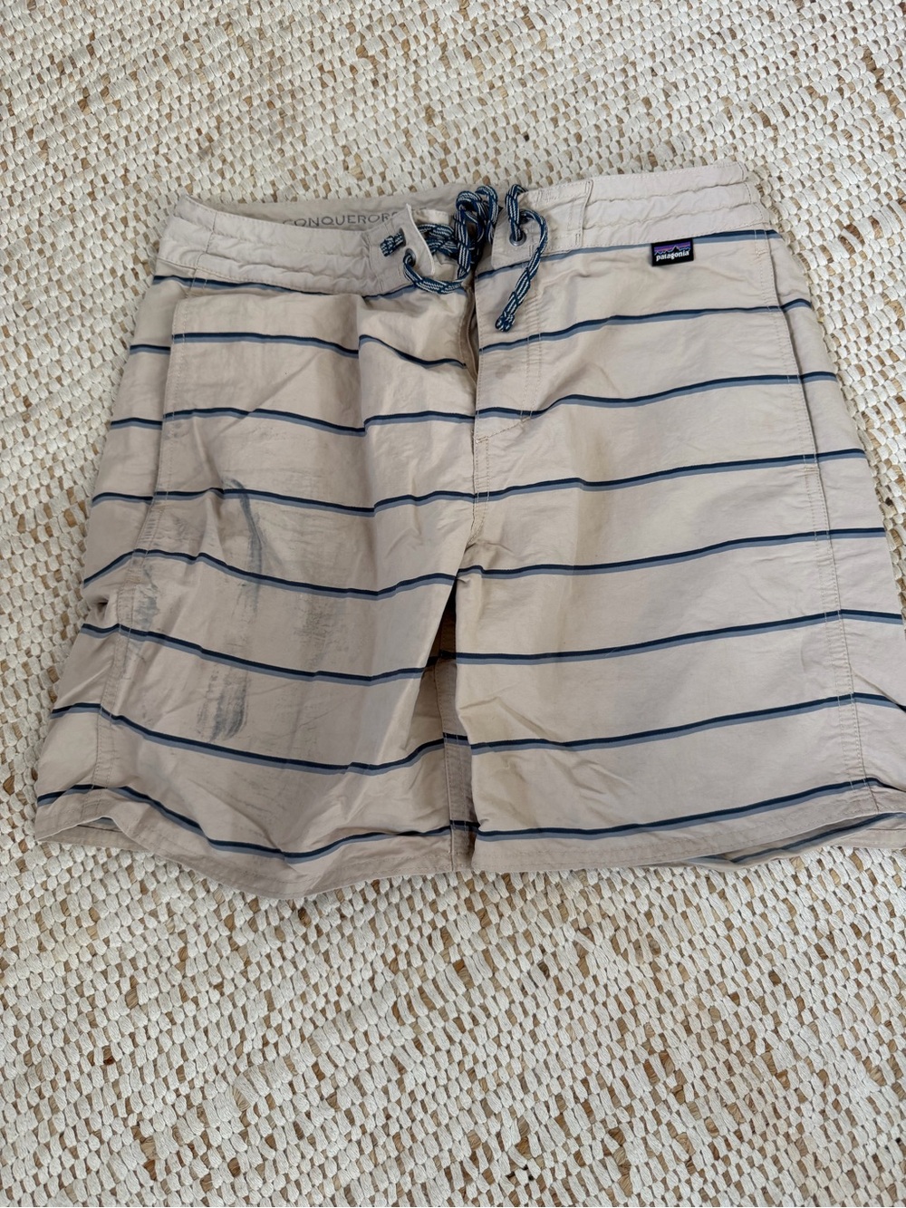 Patagonia Beige Swim Shorts with Navy Stripe